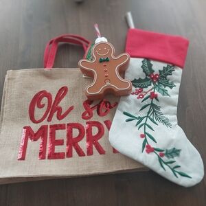 Holiday Bundle - Oh so Merry Burlap Tote, Light Up Gingerbread Cup and Stocking